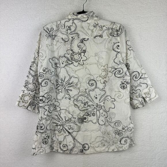 2/$30 Chicos 100% Linen Button Down Shirt Size S Floral Whimsical Oversized Boho - Picture 11 of 11